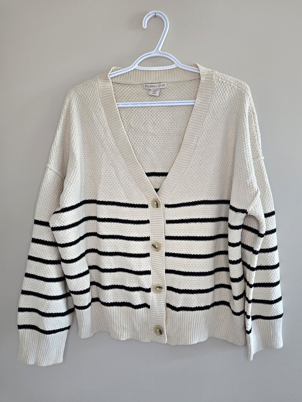 Sincerly Jules Cream and Black Striped Button-Front Cardigan - NEW